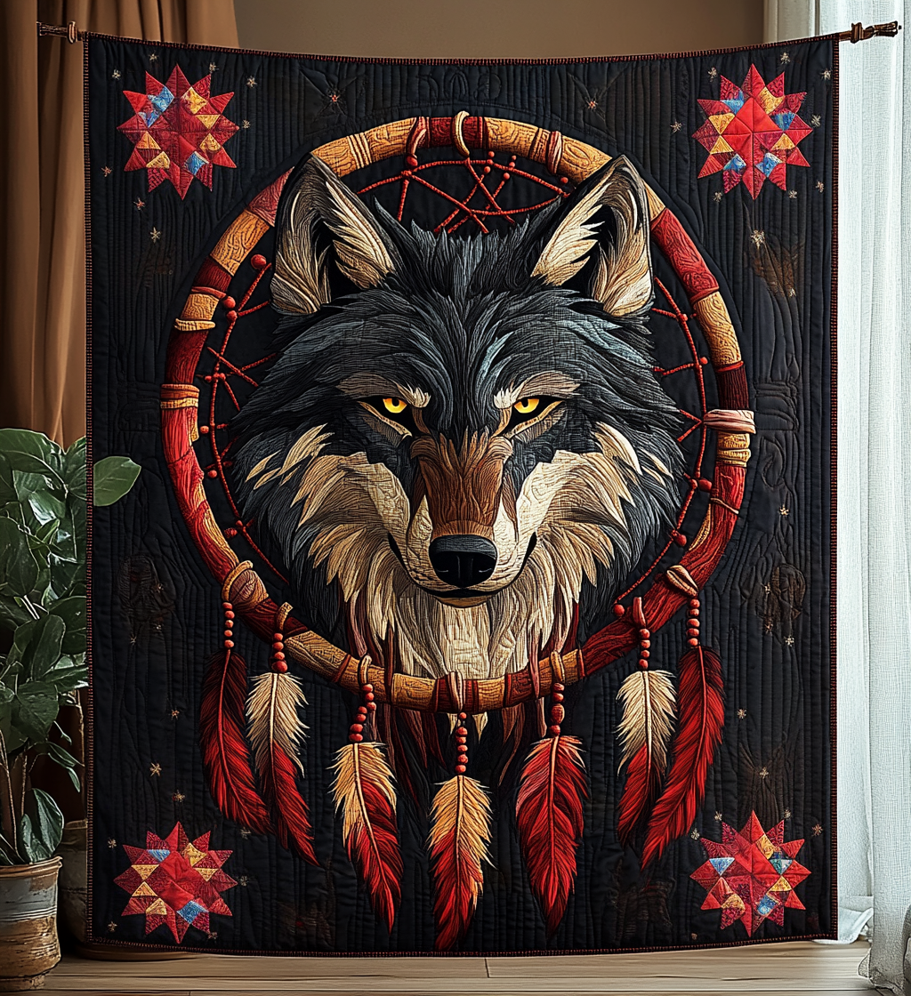 Dreamcatcher Wolf Quilted Blanket Gift For Wolf Lover