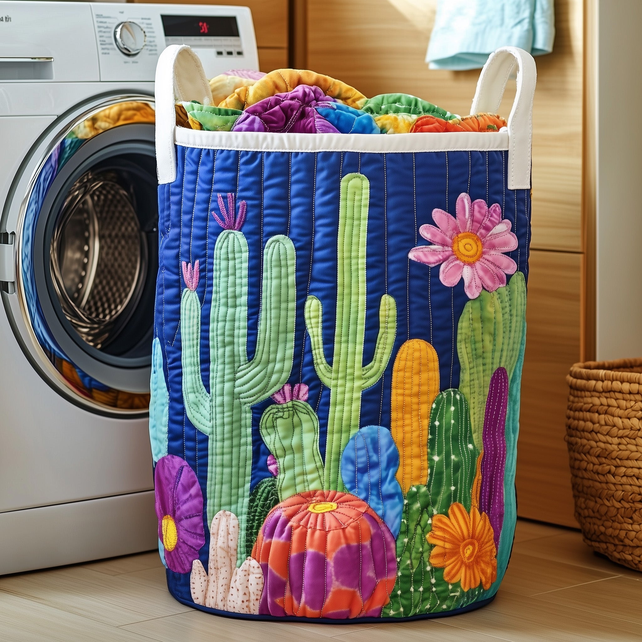 Dreamy Cactus Quilted Laundry Basket Summer Merch Vibes