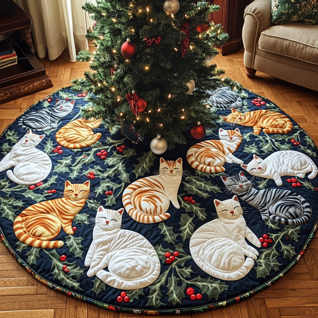 Dreamy Cats Quilted Tree Skirt Animal Themed Christmas Home Decor Cat Onwer Xmas Gifts