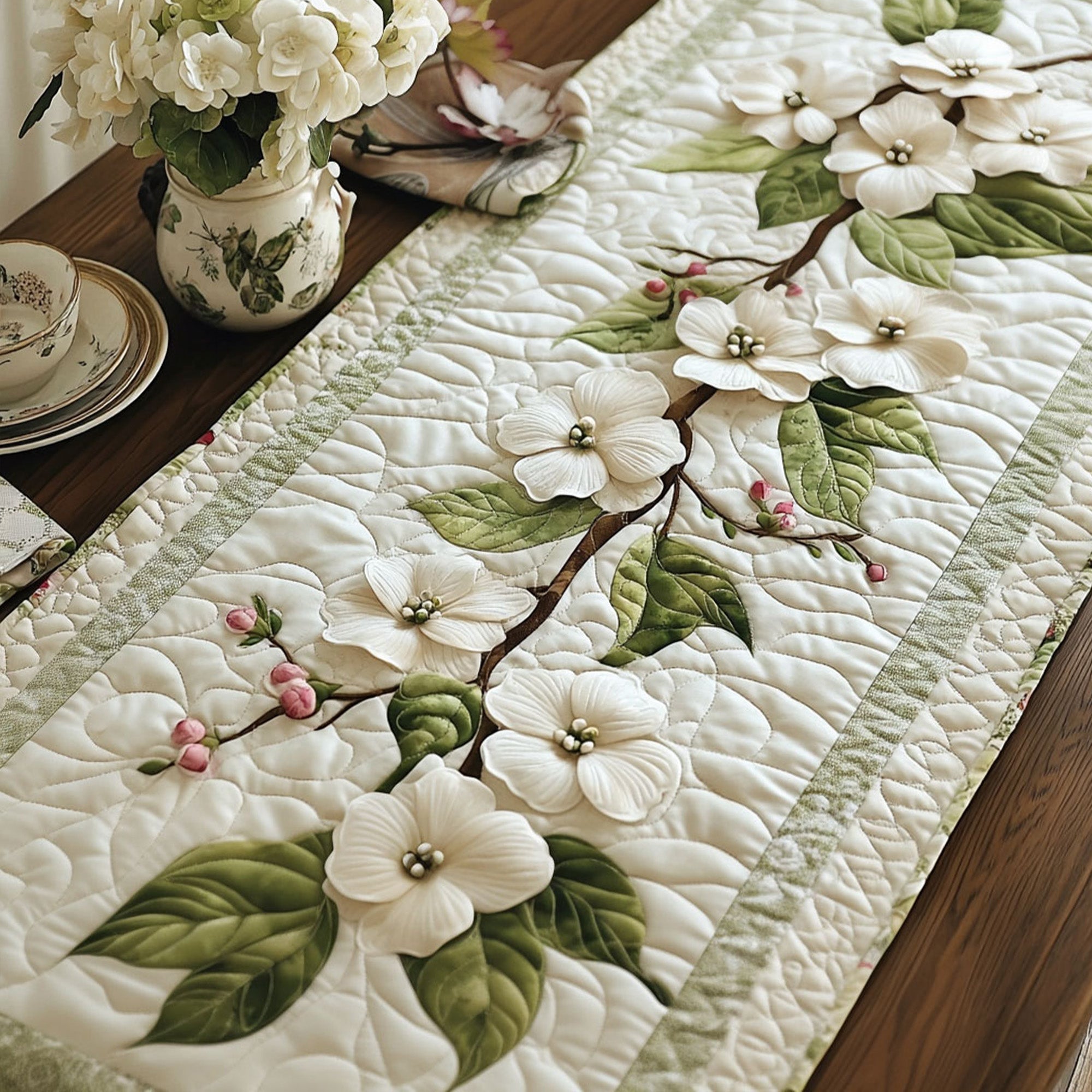 Dreamy Dogwood Quilted Table Runner Flower Table Cover Good Family Gifts