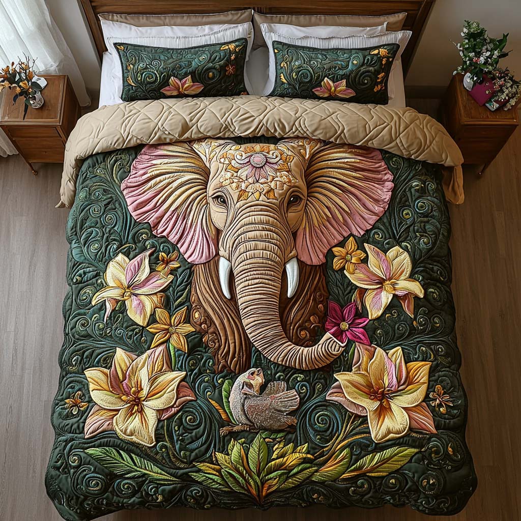 Dreamy Elephant Garden Quilted Bedding Set Holiday Duvet Cover Set Cute Gift For Elephant Lovers