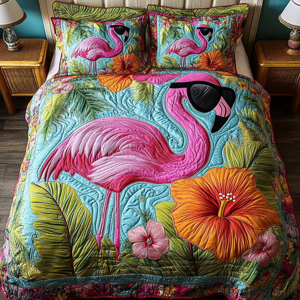 Dreamy Flamingo Quilted Bedding Set Bed Decor Flamingo Gifts For Ladies