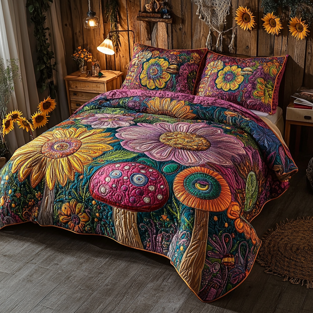 Dreamy Fungi Quilted Bedding Set Lightweight Duvet Cover Set for Year-Round Comfort