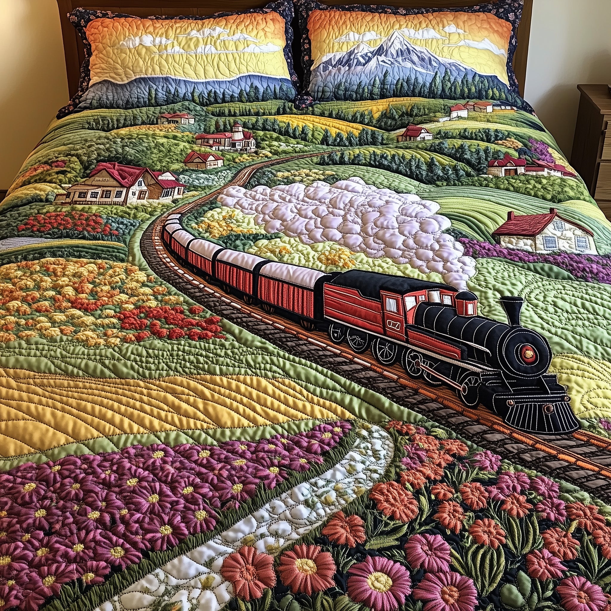 Dreamy Horizon Train Quilted Bedding Set Birthday Gift