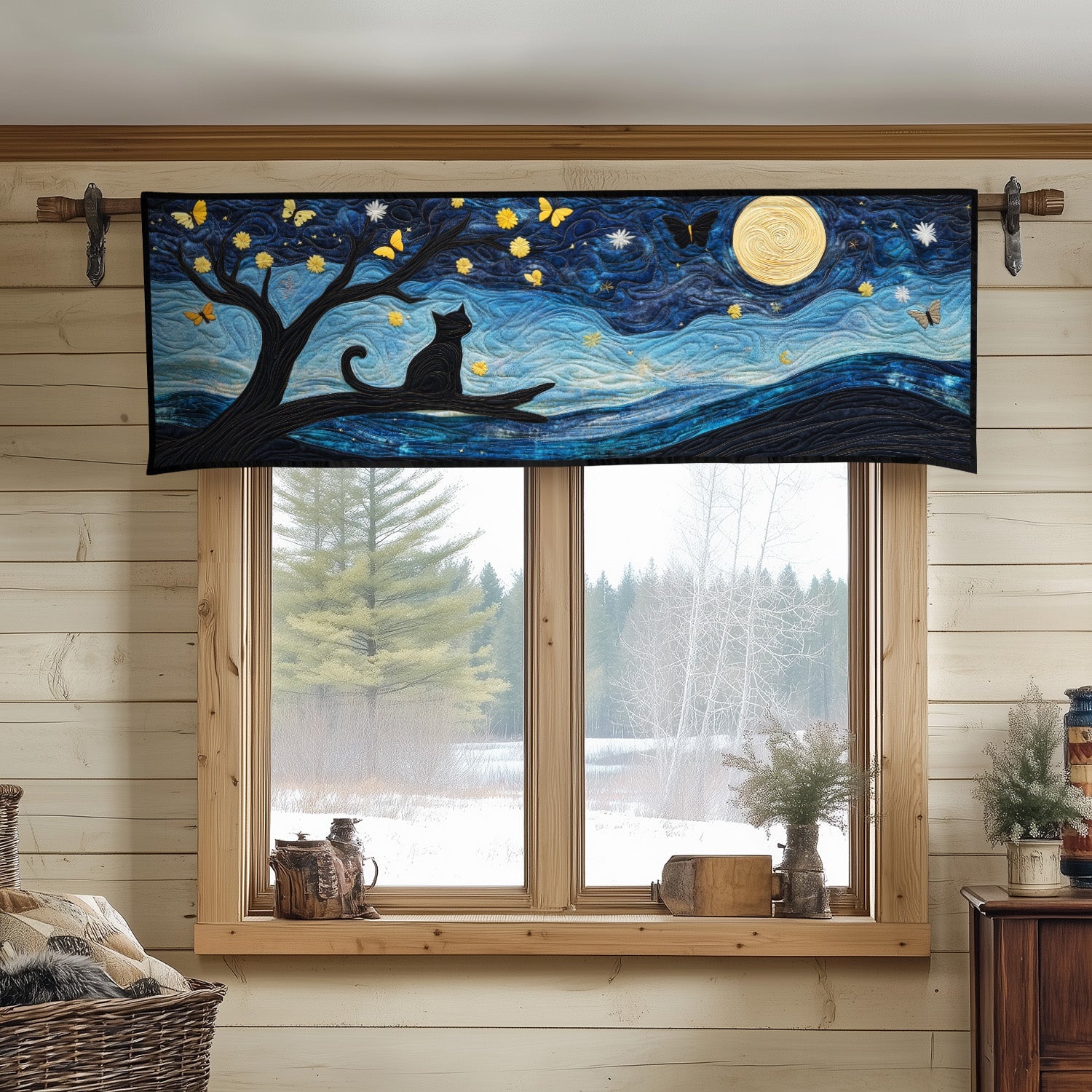 Dreamy Kitty Quilted Valance Kitchen Quilted Valance Curtains Black Cat Mom Gifts