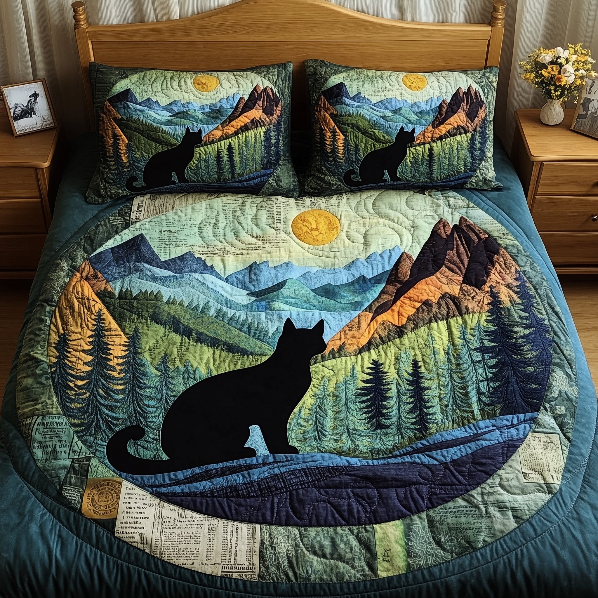 Dreamy Night Cat Quilted Bedding Set Duvet Cover Bed Sheet Cat Lover Funny Gifts