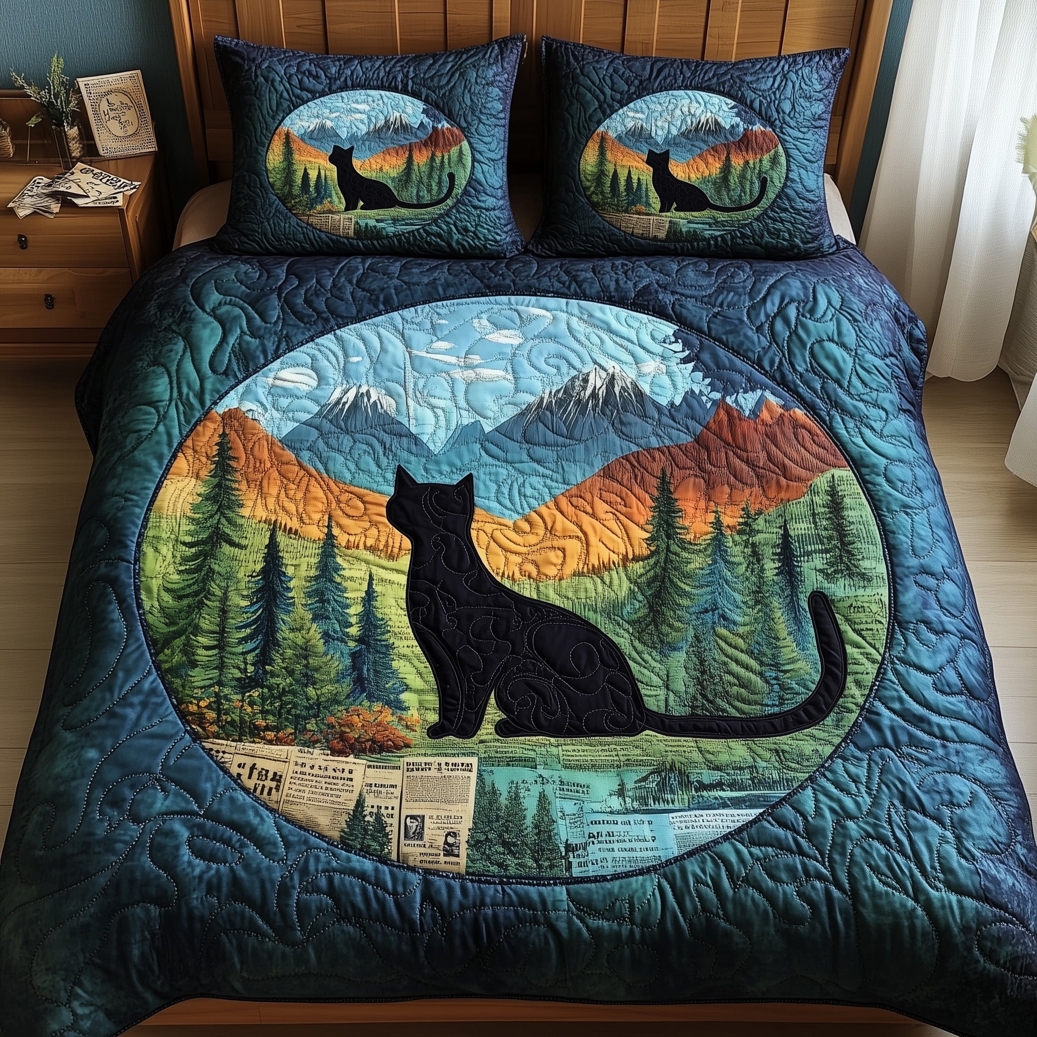 Dreamy Night Cat Quilted Bedding Set Duvet Cover Bed Sheet Cute Cat Presents