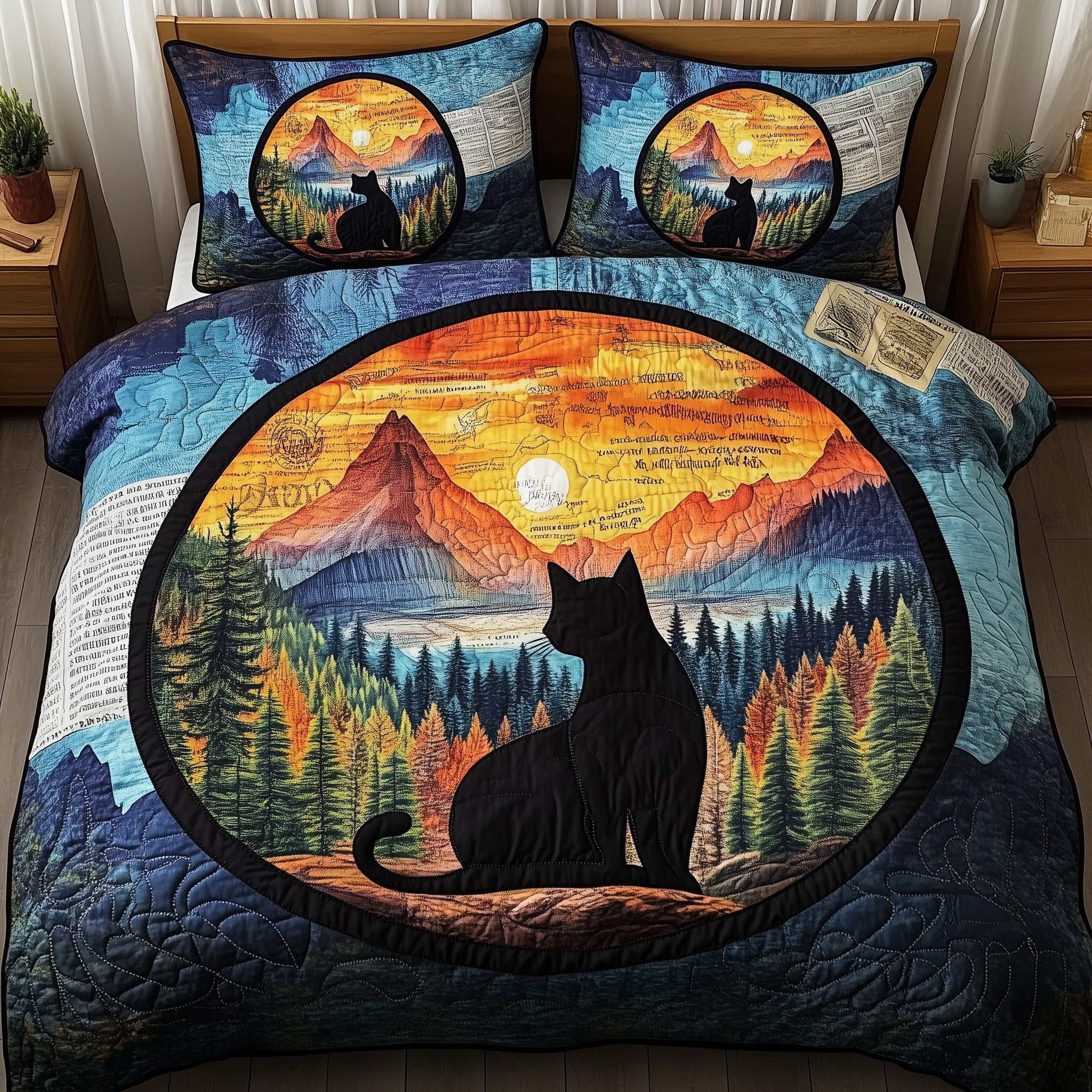Dreamy Night Cat Quilted Bedding Set Duvet Cover Bed Sheet Funny Cat Gifts For Cat Lovers