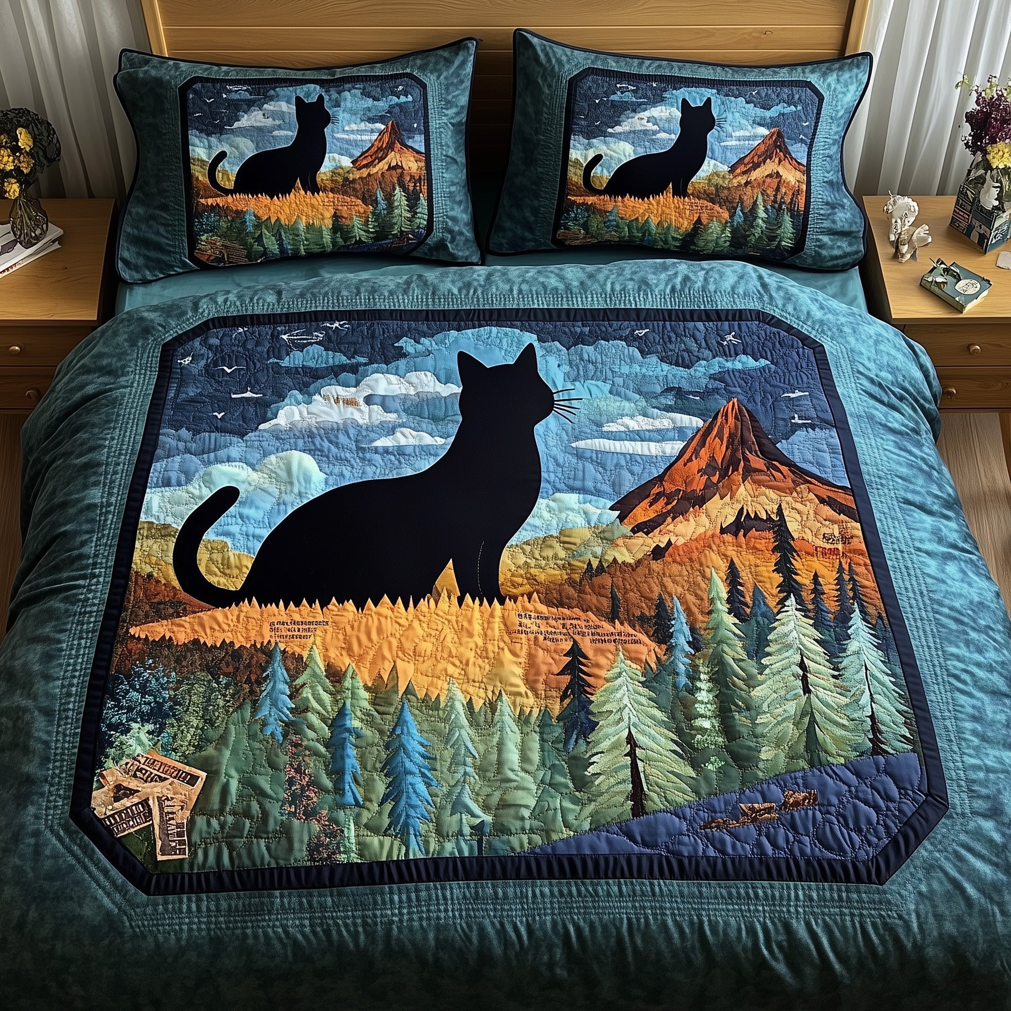 Dreamy Night Cat Quilted Bedding Set Duvet Cover Bed Sheet Funny Presents For Cat Lovers