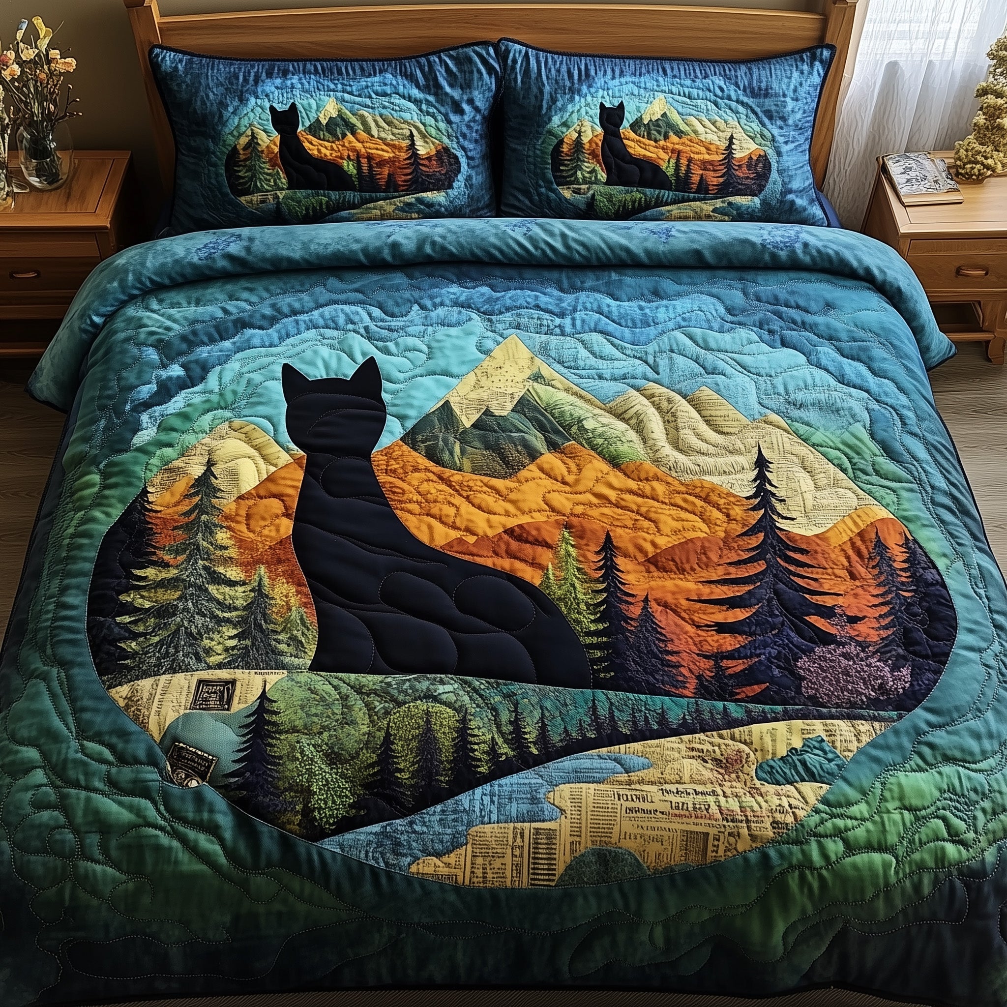 Dreamy Night Cat Quilted Bedding Set Duvet Cover Bed Sheet Gifts For Someone Who Likes Cats