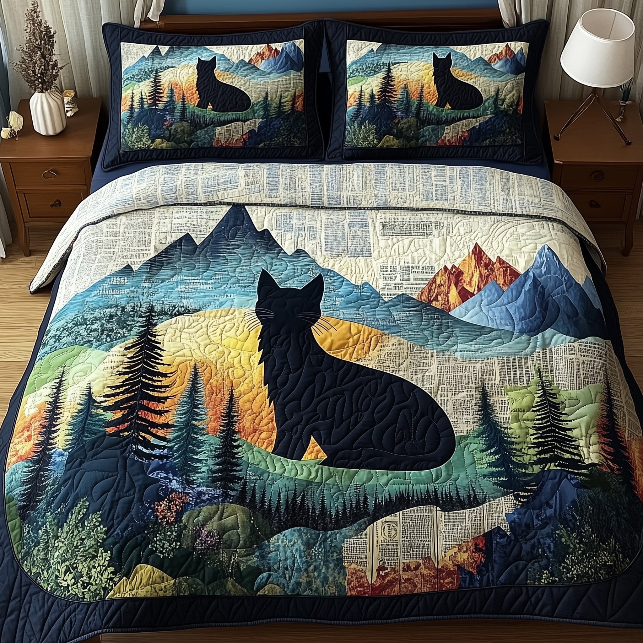 Dreamy Night Cat Quilted Bedding Set Duvet Cover Bed Sheet Gifts For Someone Who Loves Cats