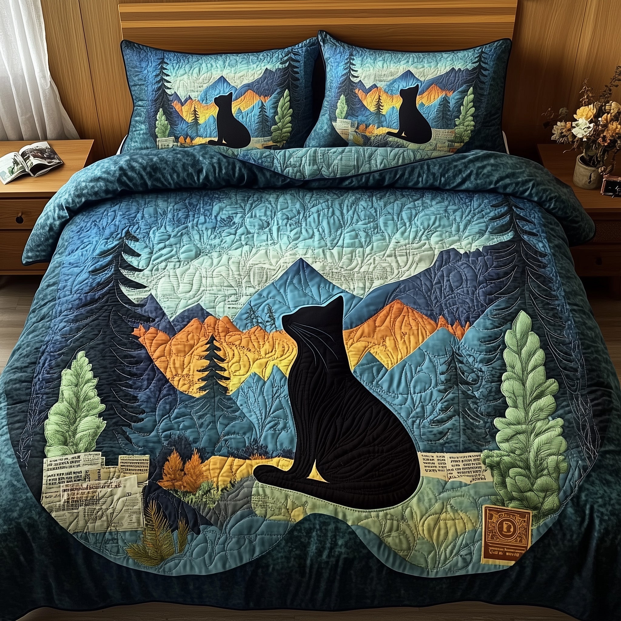Dreamy Night Cat Quilted Bedding Set Duvet Cover Bed Sheet Presents For People Who Like Cats