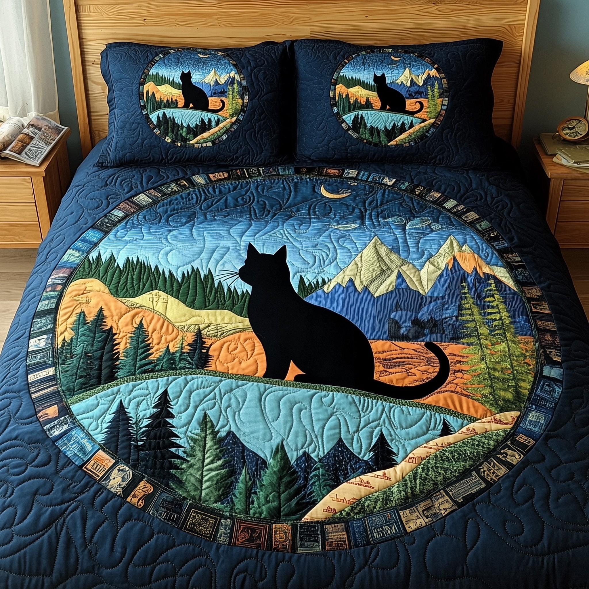 Dreamy Night Cat Quilted Bedding Set Duvet Cover Bed Sheet Presents For People Who Love Cats