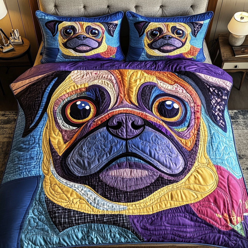 Dreamy Pug Quilted Bedding Set Bed Decor Presents For Pug Owners