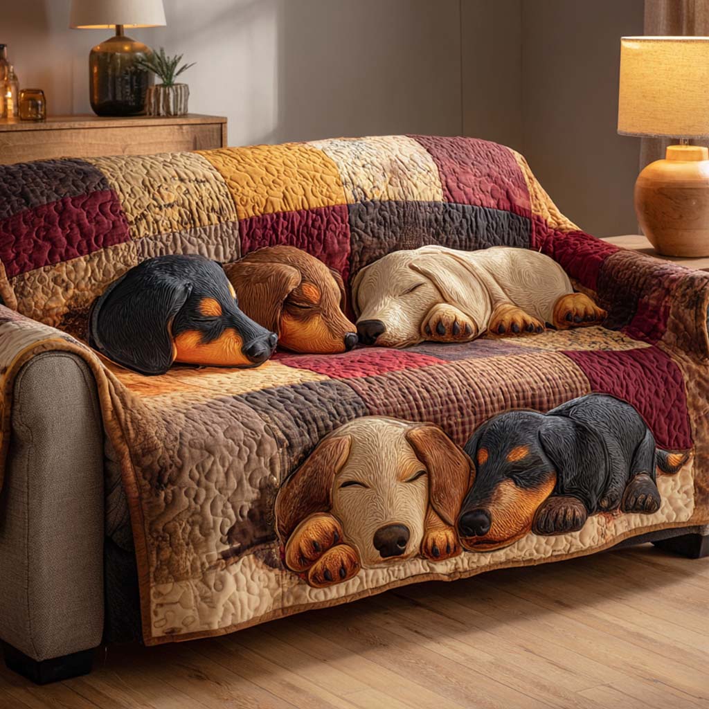 Dreamy Pup Haven Quilted Sofa Cover Winter Living Room Decor Dachshund Related Gifts