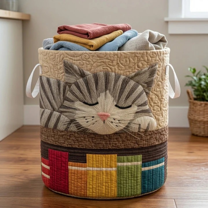 Dreamy Tabby Cat Patchwork Quilted Laundry Basket Cat Lover Home Decor Best Gift Ideas For Cat Moms