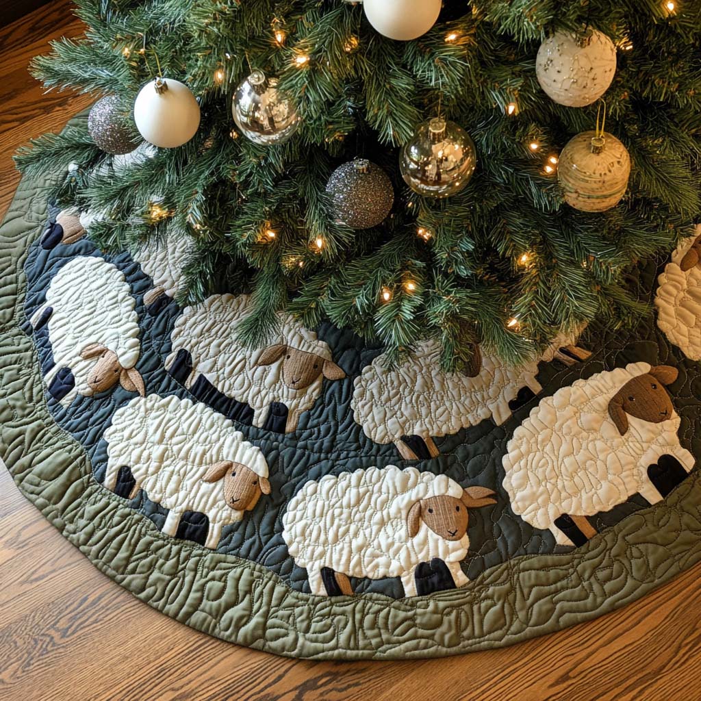 Dreamy Wool Christmas Quilted Tree Skirt Xmas Decorations Gifts With Sheep Themes