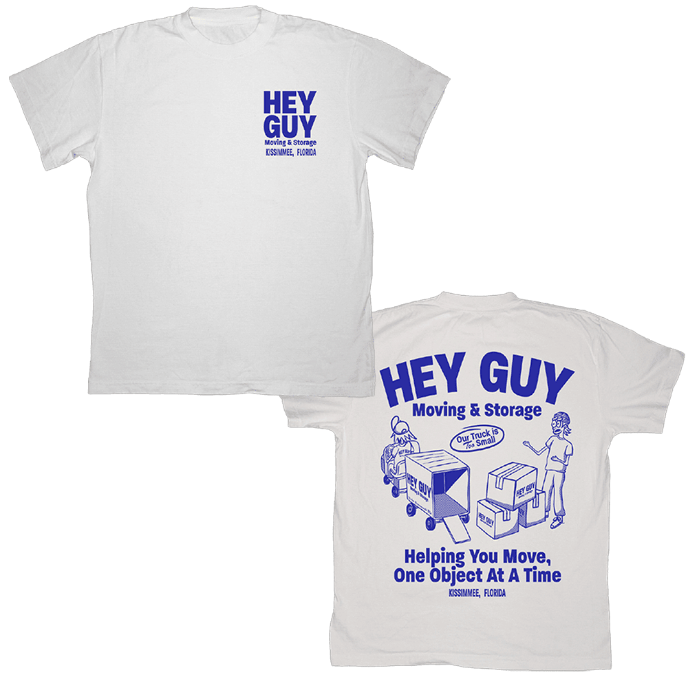 Drew Gooden Merch T-Shirt Hey Guy Moving And Storage White Tee Gift Idea for Boyfriend