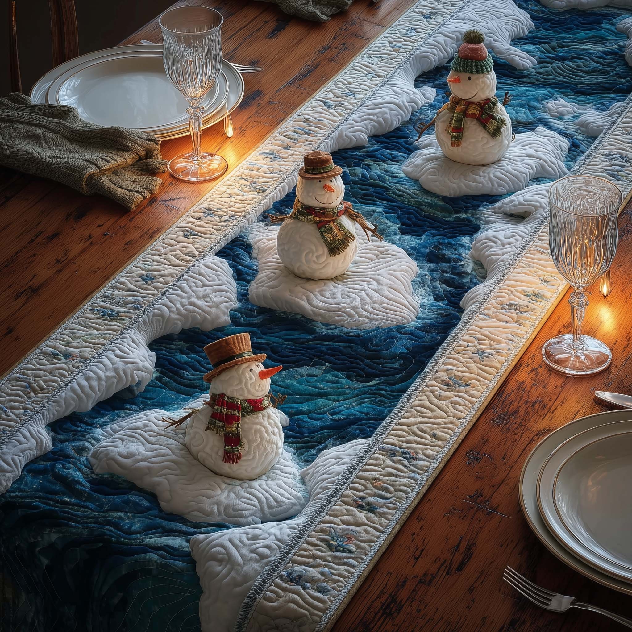 Drifting Snowmen Quilted Table Runner Rustic Kitchen Dining Decor Gift For Cozy Family Home
