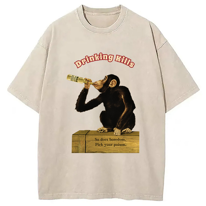 Drinking Kills Monkey Washed T-Shirt Retro Streetwear Graphic Top Gifts For Brother