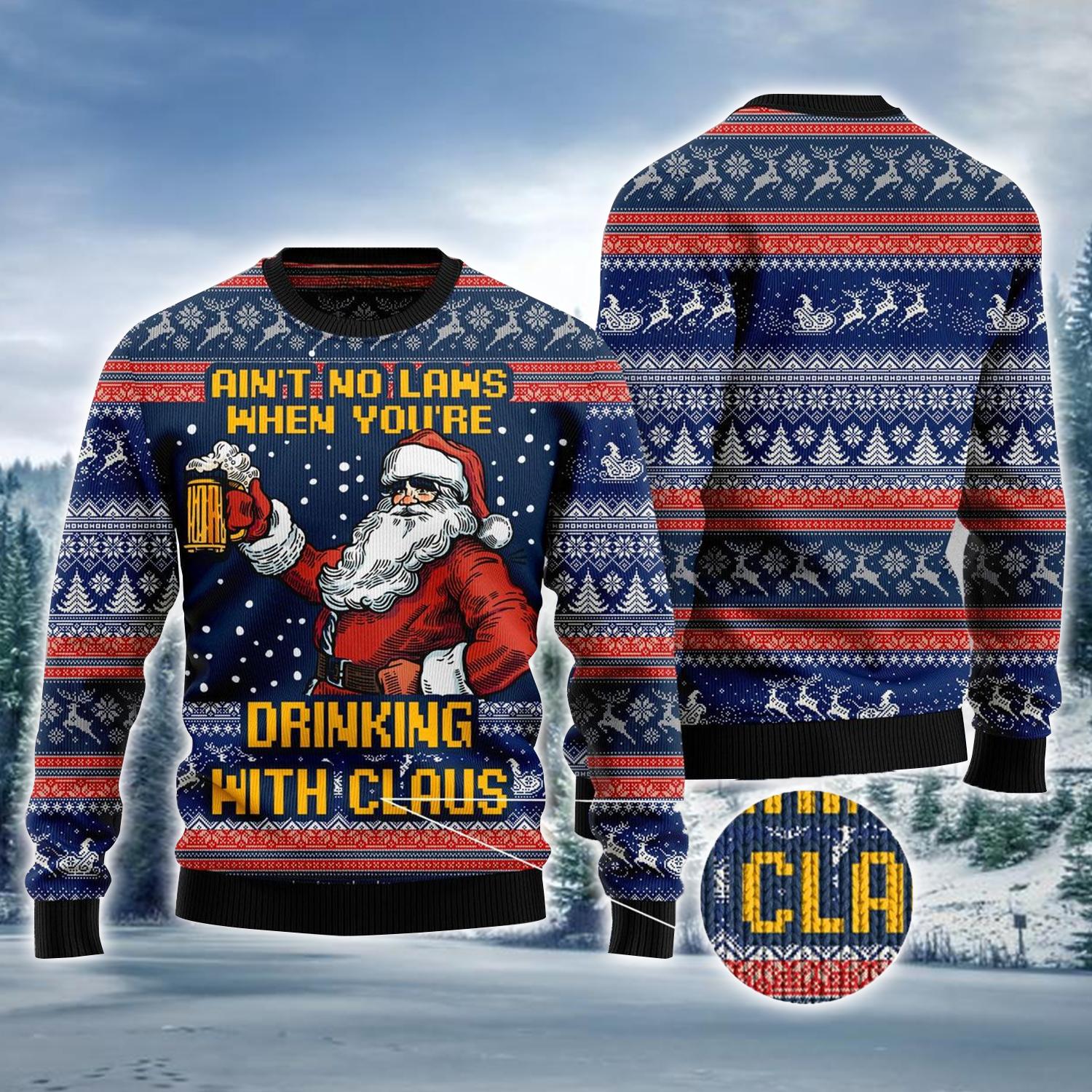 Drinking With Claus Ugly Christmas Jumper Funny Sweater Xmas Presents For Beer Lovers
