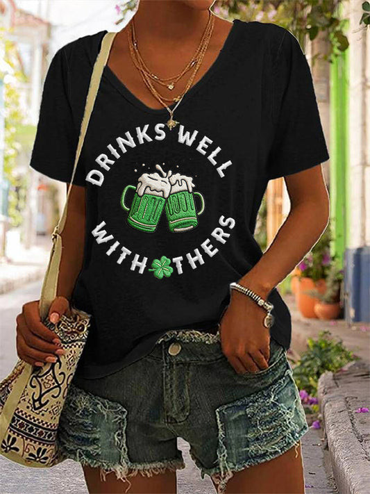 Drinks Well With Others Graphic V Neck Shirt St Patrick's Day Irish Green Beer Funny Party Outfit