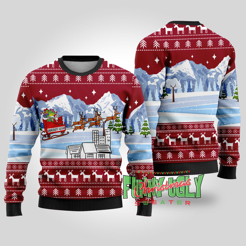 Driverless Sleigh Santa Funny Christmas Sweater Cardinal Red Casual Winter Sweatshirt for Daily Comfort