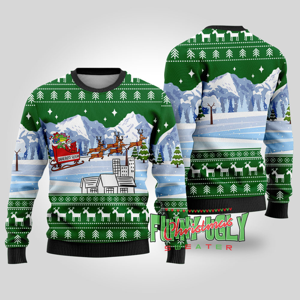 Driverless Sleigh Santa Funny Christmas Sweater Forest Green Best Christmas Merch Gift for Family and Friends