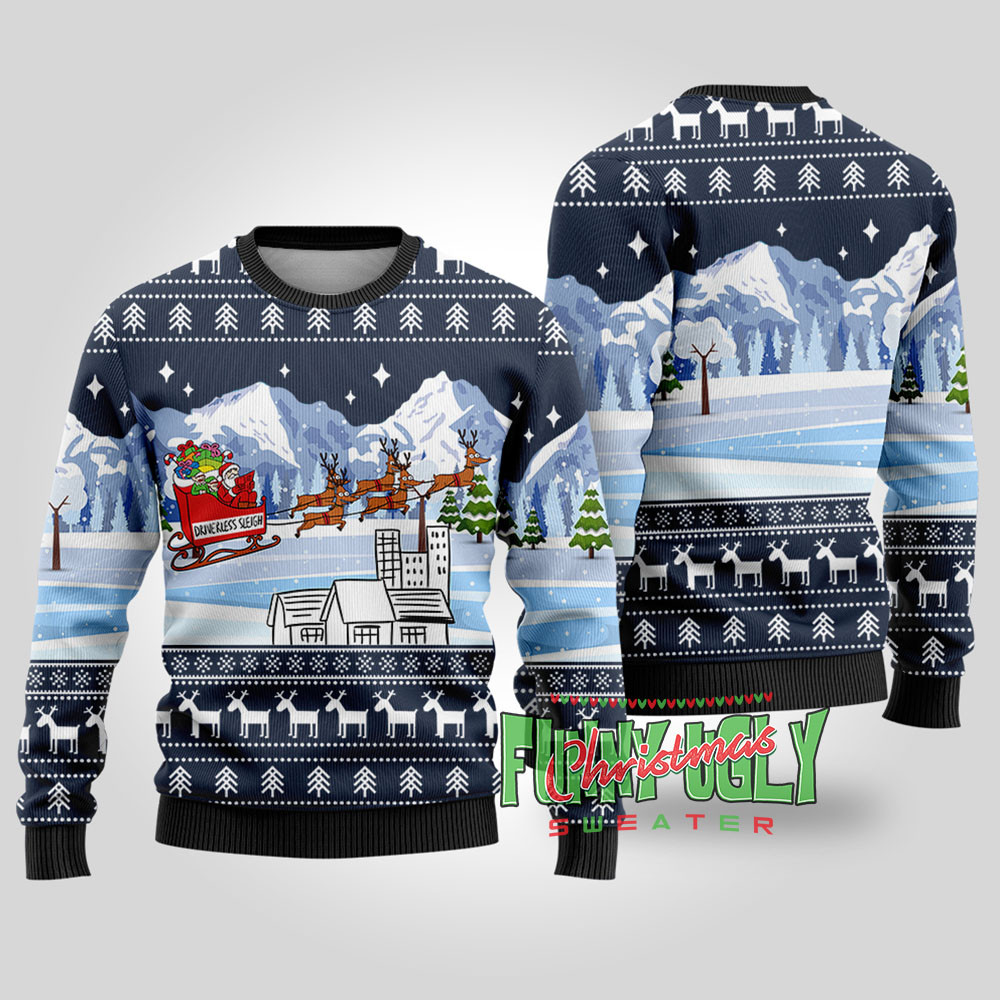 Driverless Sleigh Santa Funny Christmas Sweater Navy Perfect Holiday Gift Merch for Sweater Lovers