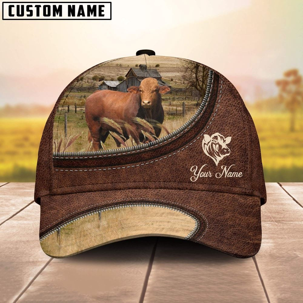 Droughtmaster On The Farm Customized Name Leather Pattern Cap Farmer Baseball Cap Gift For Farmer