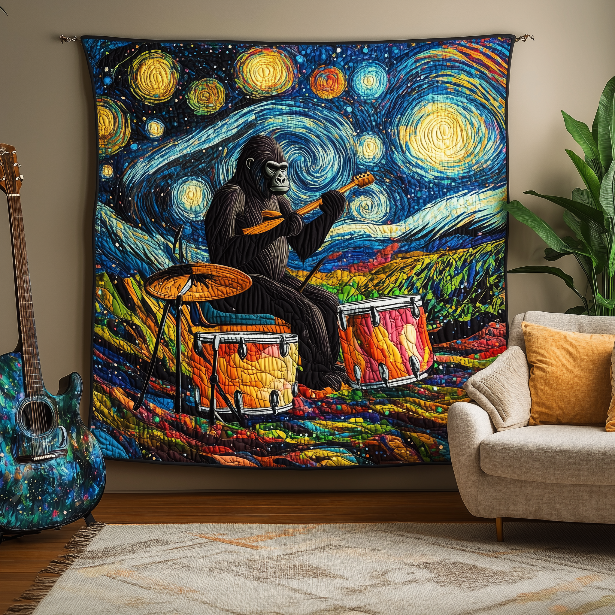 Drum Starry Night Quilted Blanket Christmas Throw Blanket Xmas Gift for Drum Lovers