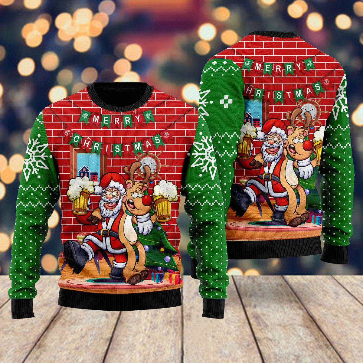 Drunk Santa And Reindeer Ugly Christmas Sweater Funny Xmas Jumper Reindeer Lovers Gifts