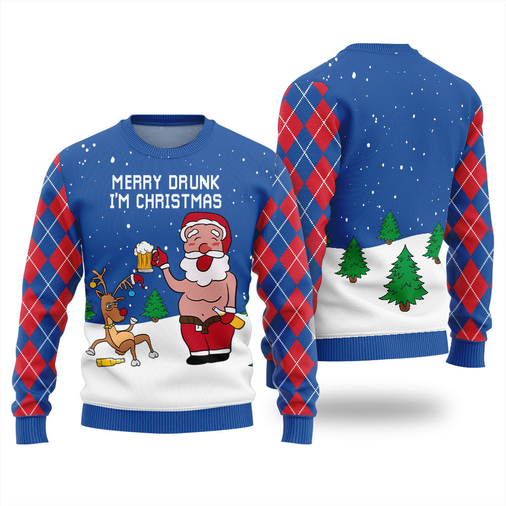 Drunk Santa Reindeer Christmas Sweater Men Trendy Christmas Sweater for Winter Outfits