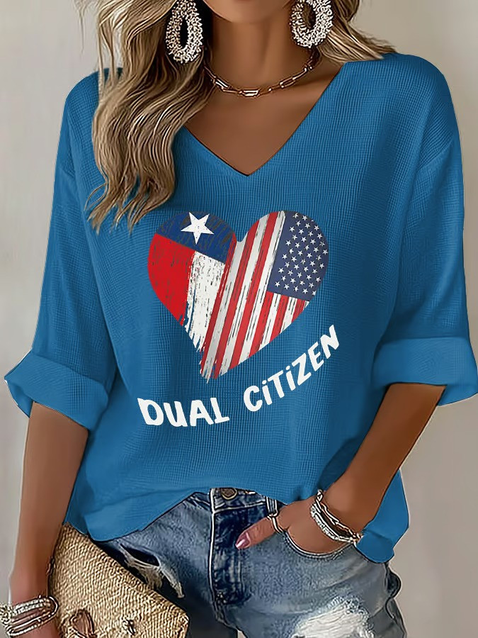 Dual Citizen Texas America Heart Long Sleeve V-Neck Shirt Texas Independence Day