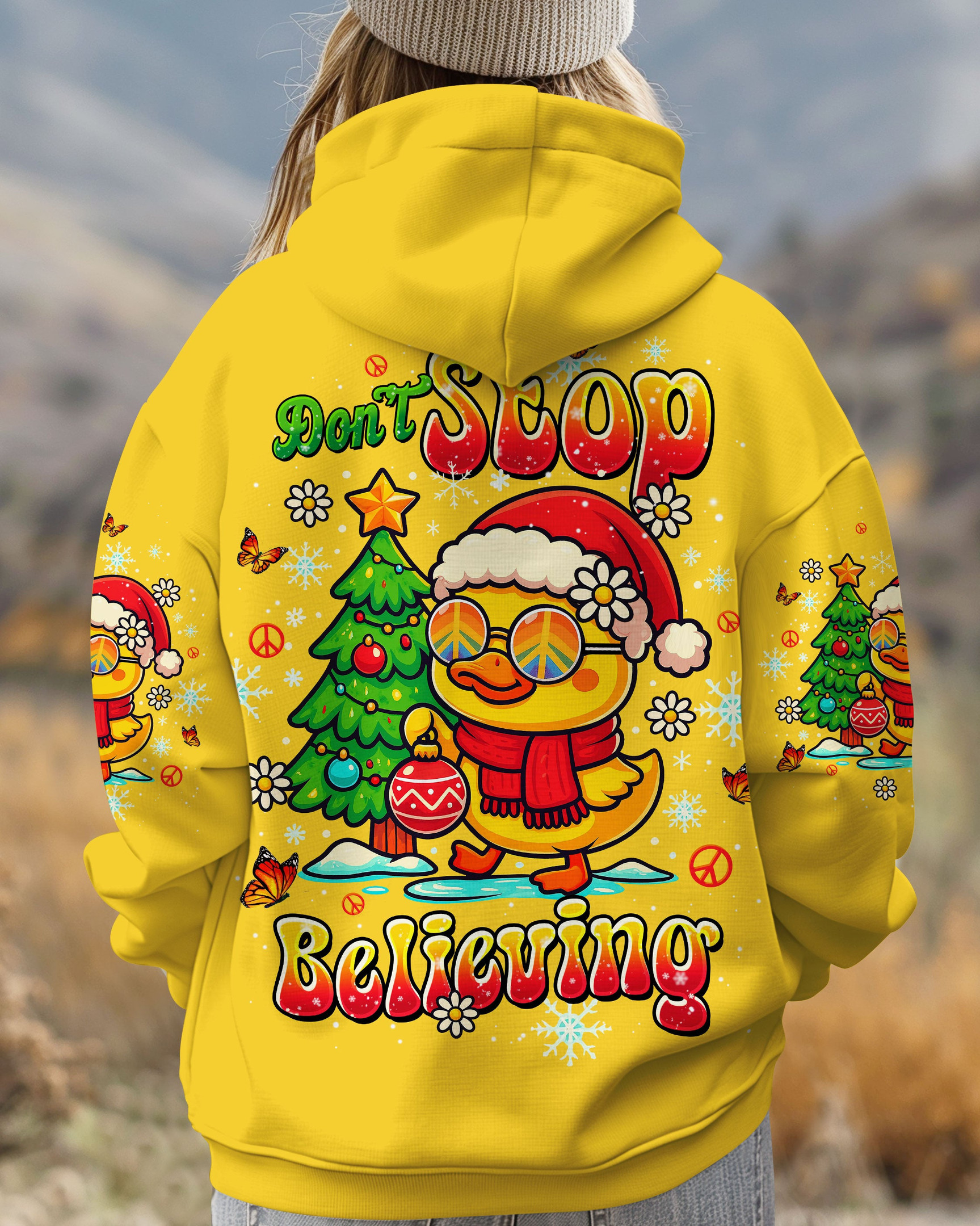 Duck Don't Stop Believing Christmas Hoodie Yellow Xmas Pullover Presents For Duck Lovers