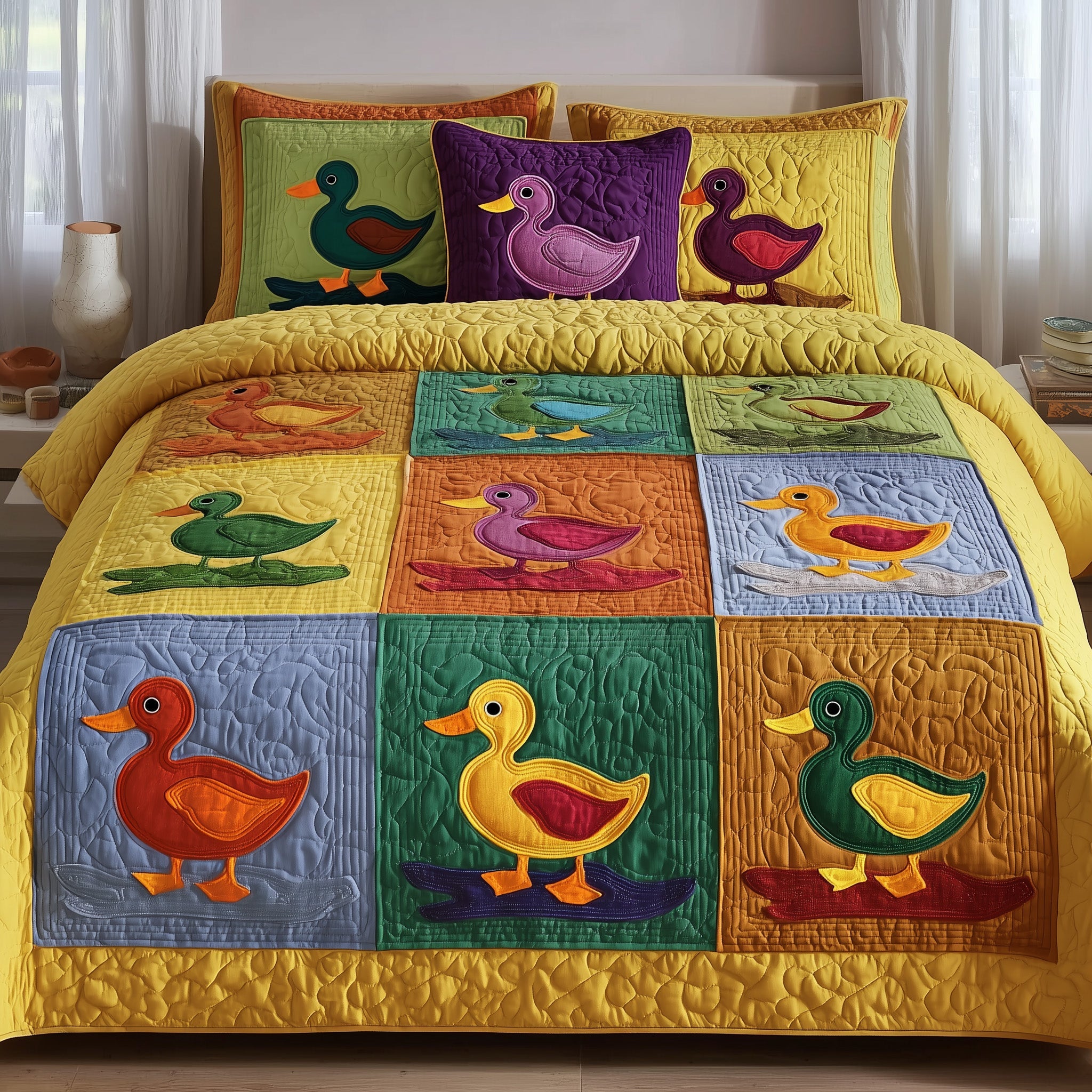 Duck Paradise Quilted Bedding Set Duvet Cover Bedspread Cute Duck Gifts For Him Her