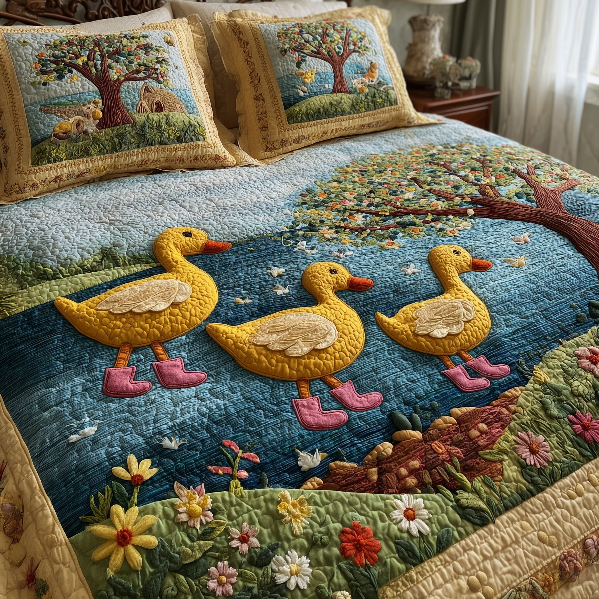 Duck Paradise Quilted Bedding Set Duvet Cover Bedspread Farm Gifts For Duck Lovers