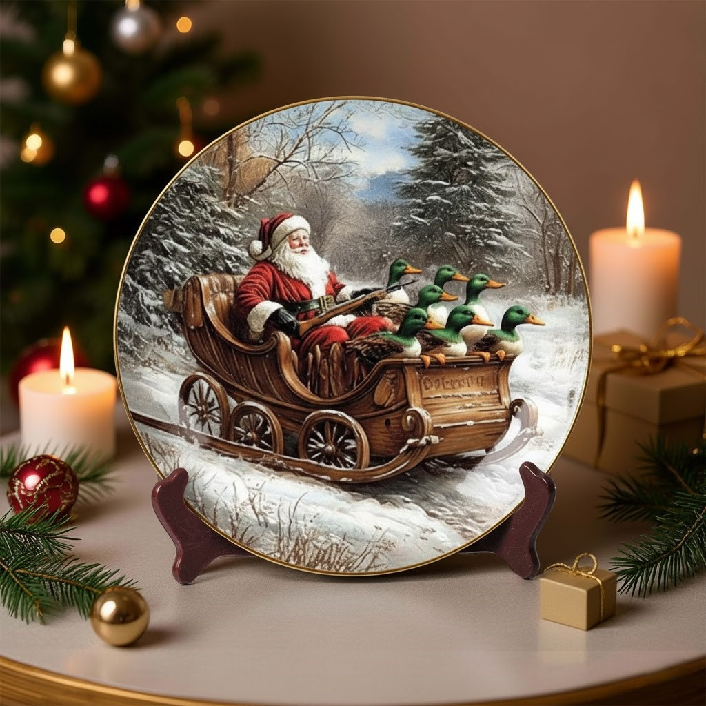 Ducks And Santa Claus On Sleigh Christmas Ceramic Plate Holiday Decorative Gifts