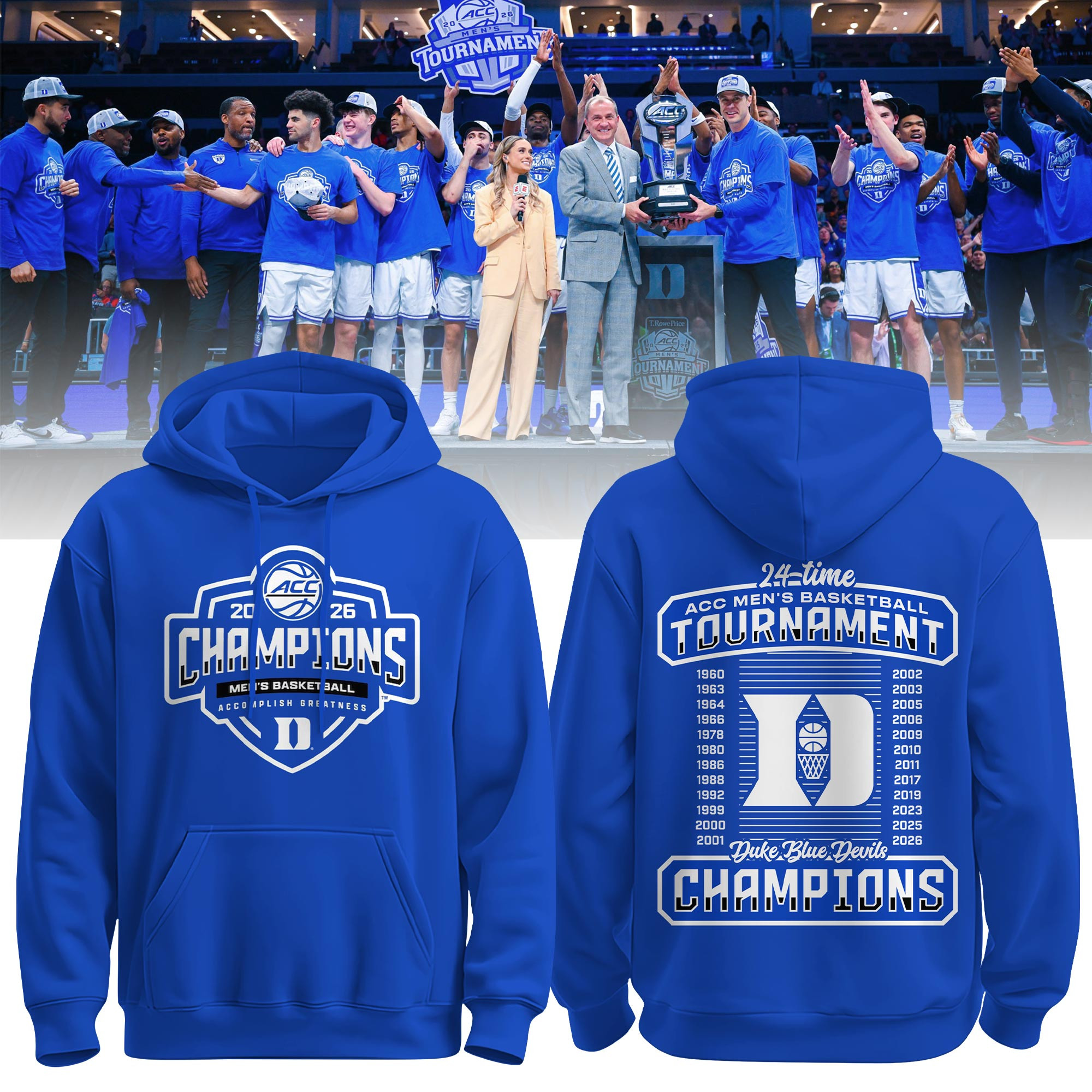 Duke 2026 ACC Men's Basketball Tournament Champions Hoodie Duke Blue Devils Merch