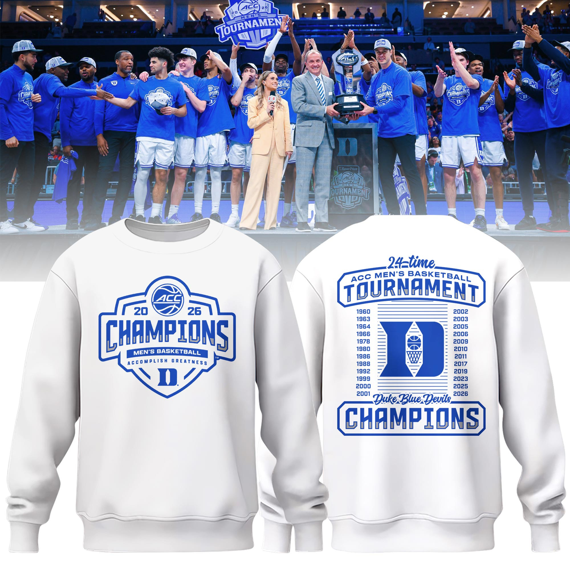 Duke 2026 ACC Men's Basketball Tournament Champions Sweatshirt Duke Blue Devils Clothing Fan Gift