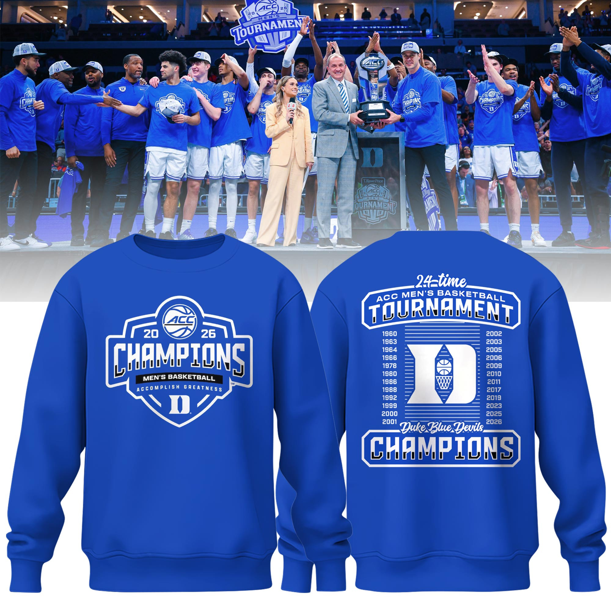 Duke 2026 ACC Men's Basketball Tournament Champions Sweatshirt Game Day Merch Gift For Him