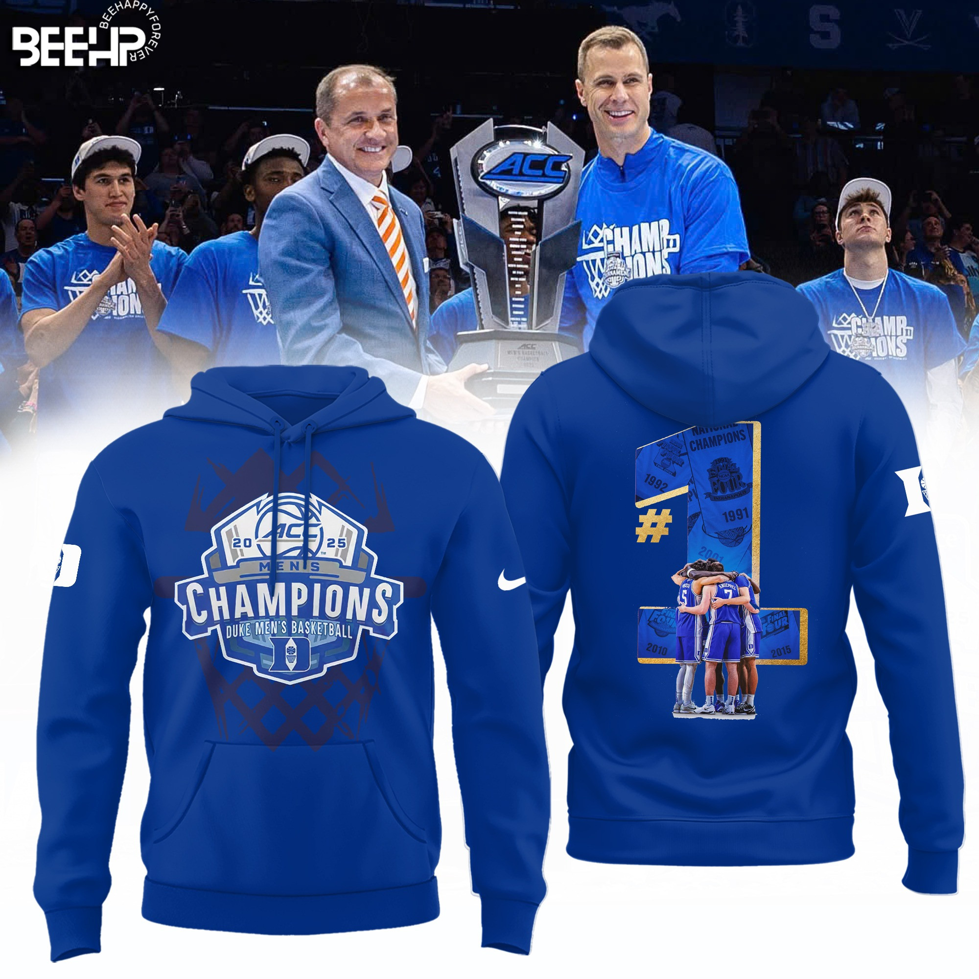 Duke Blue Devils 2025 ACC Men's Basketball Champions Hoodie #1 Duke Championship Merch