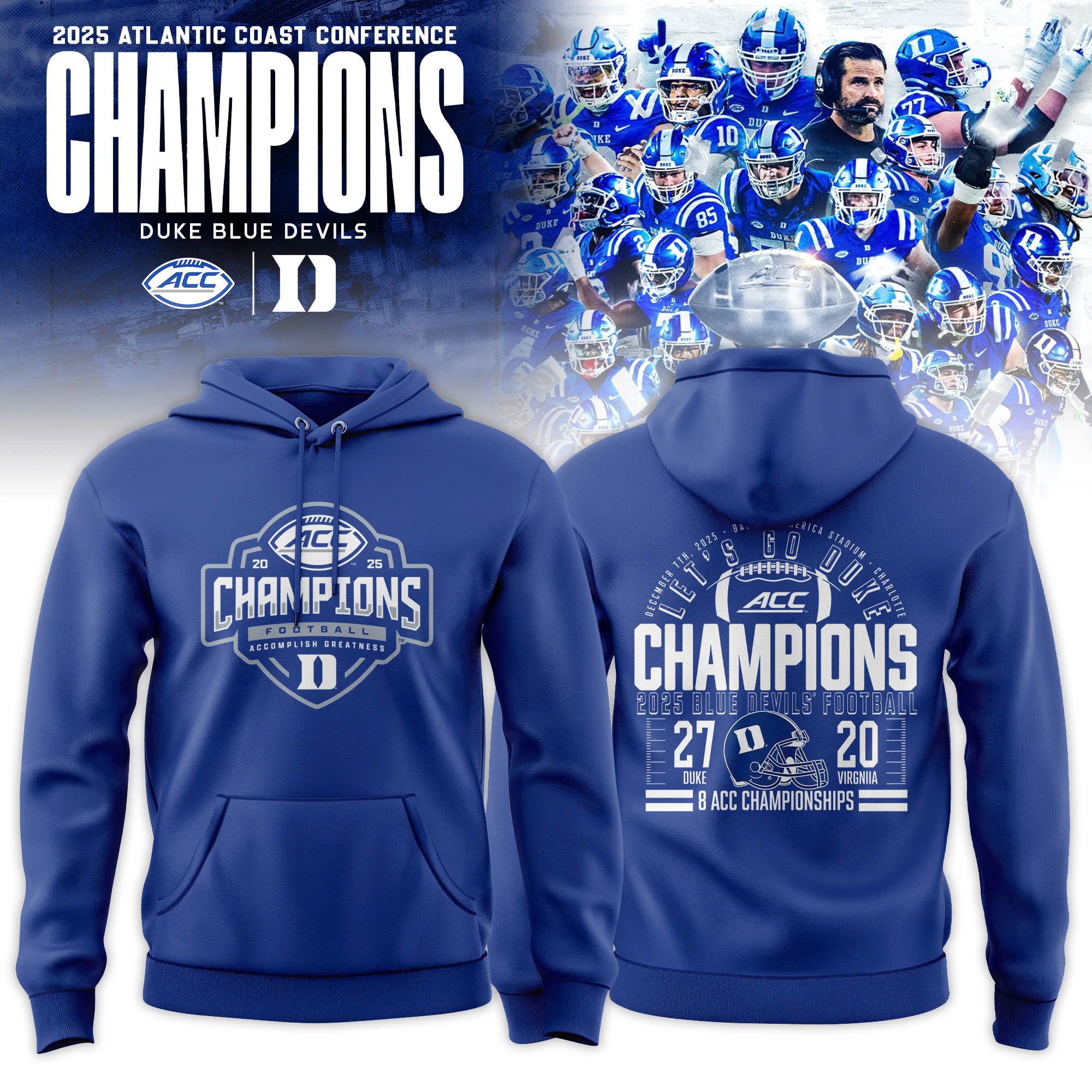 Duke Blue Devils ACC Football Champions Locker Room Hoodie Basketball Apparel Fan Gear