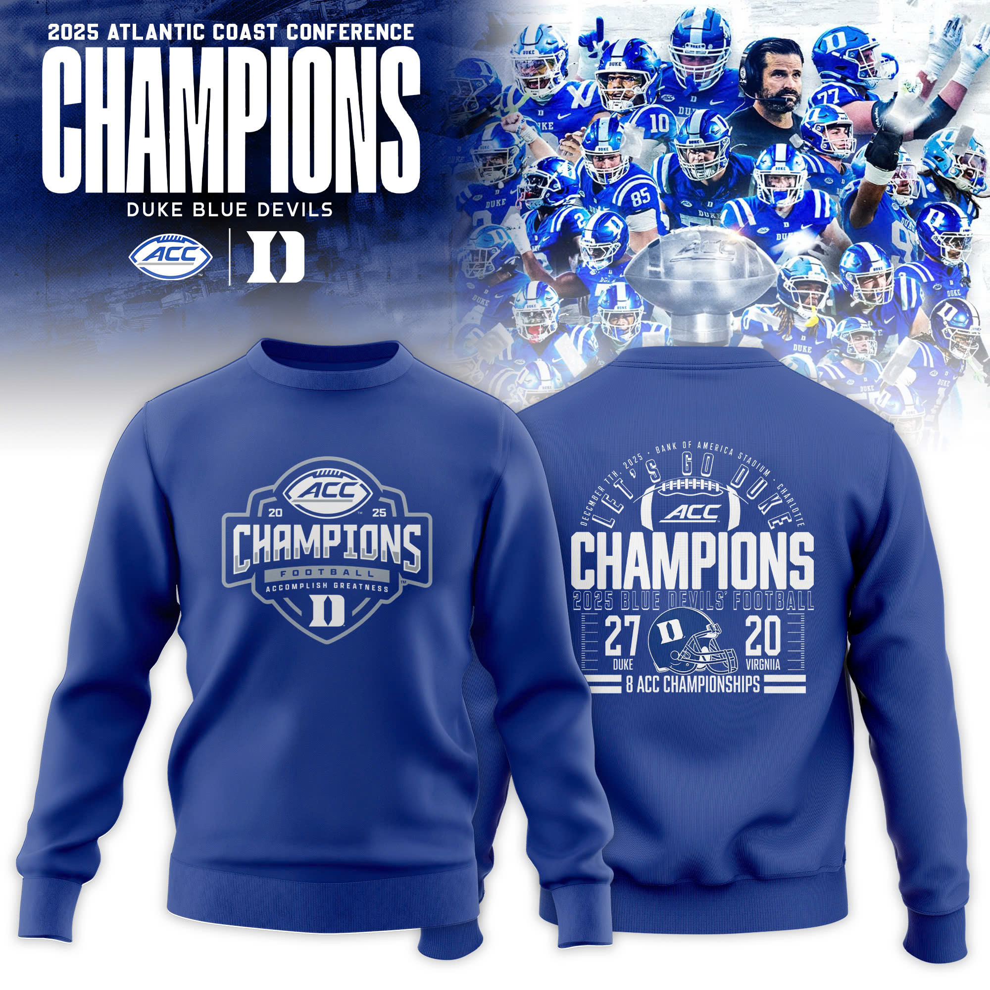 Duke Blue Devils ACC Football Champions Sweatshirt Basketball Clothing Fan Gifts