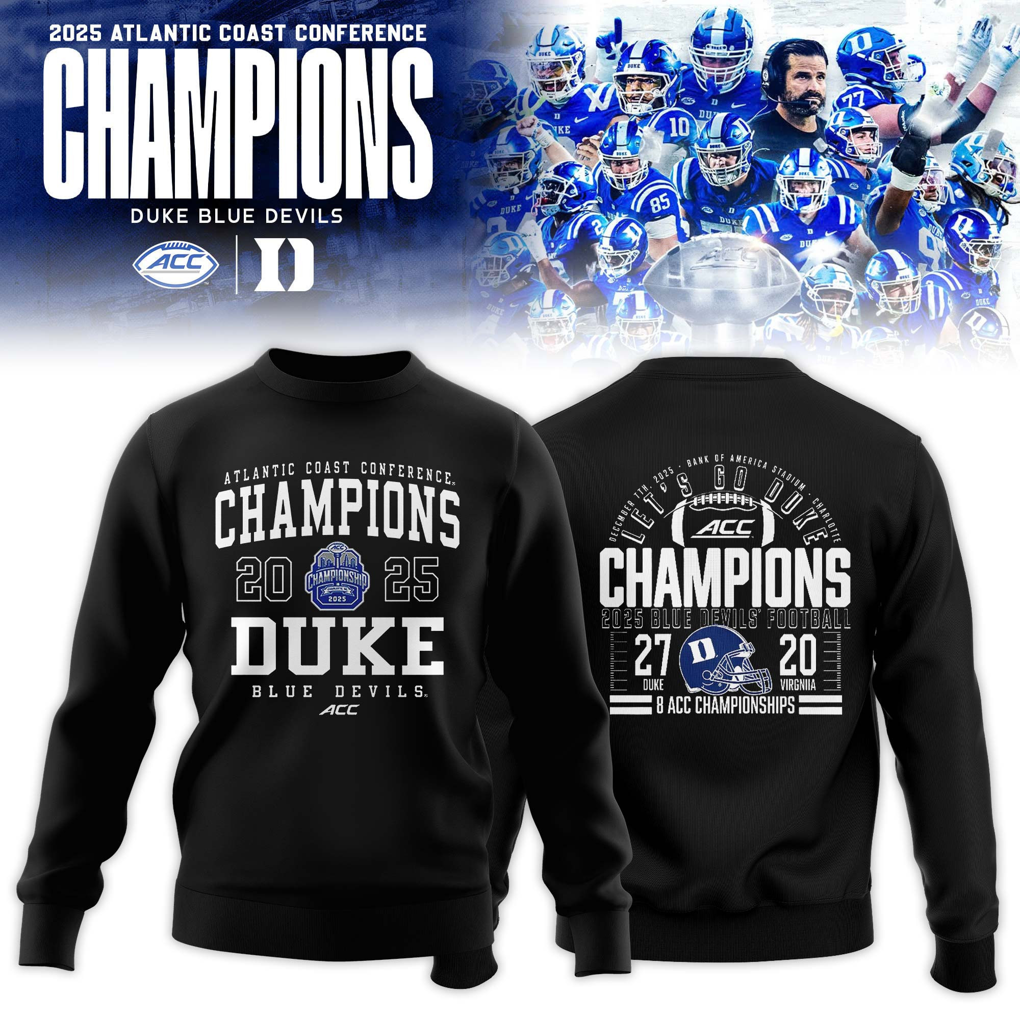 Duke Blue Devils ACC Football Champions Sweatshirt Duke Blue Devils Apparel Fan Gear