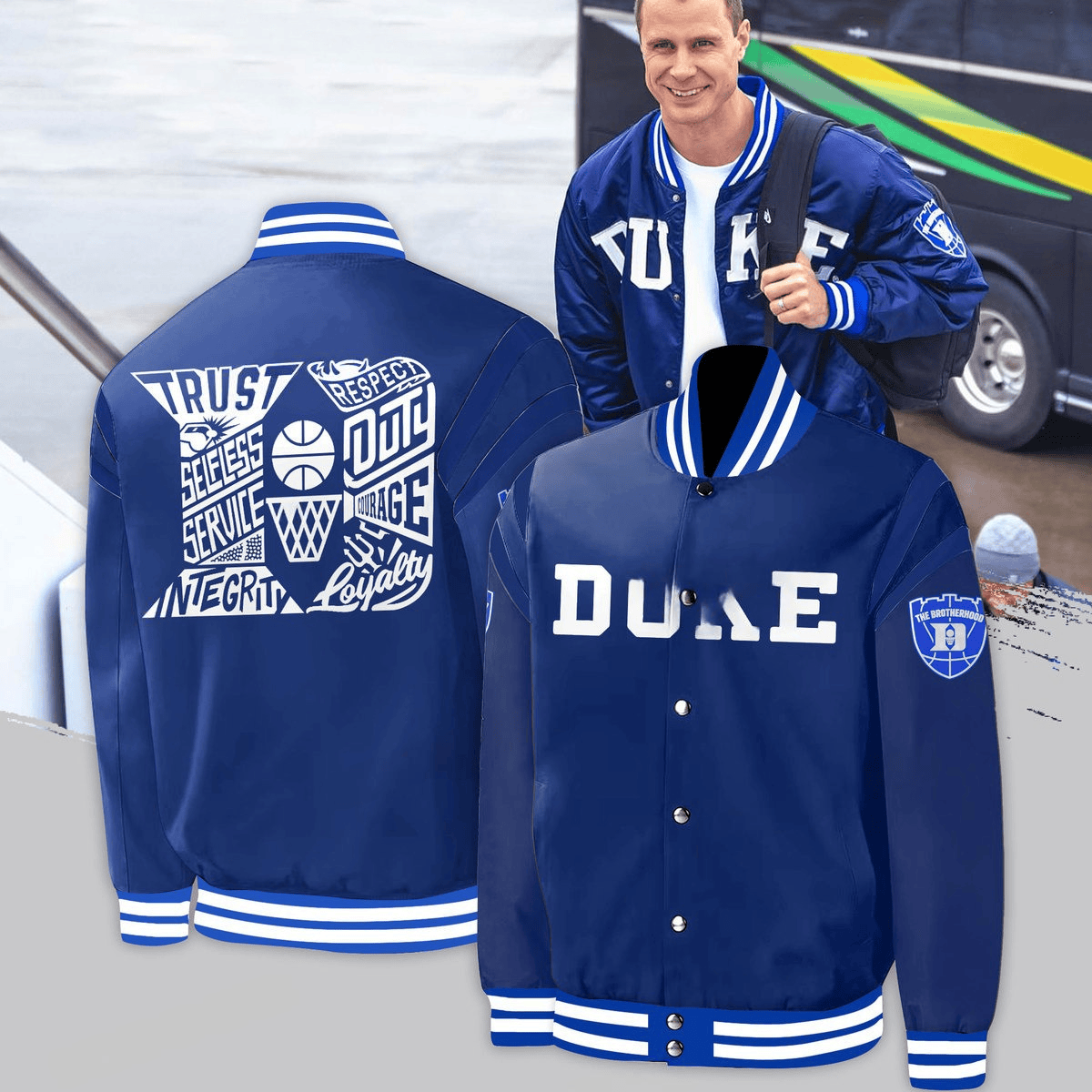 Duke Blue Devils Bomber Jacket The Brotherhood Coach Jon Scheyer Duke Blue Devils Fan Merch