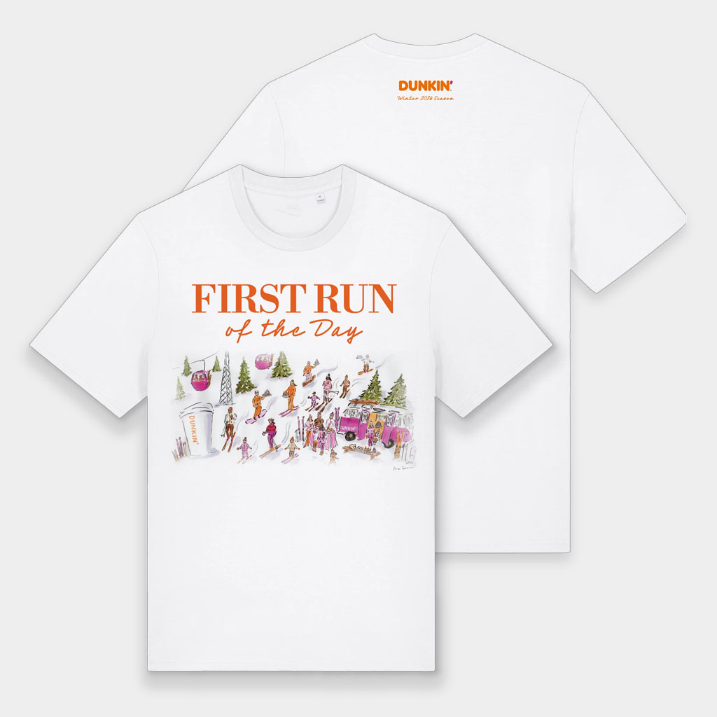 Dunkin Runs On Merch 2026 Ski Graphic T-Shirt First Run Of The Day Shirt Birthday Gift For Her Dunkin Runs On Merch 2026 Ski Graphic T-Shirt First Run Of The Day Shirt Birthday Gift For Her