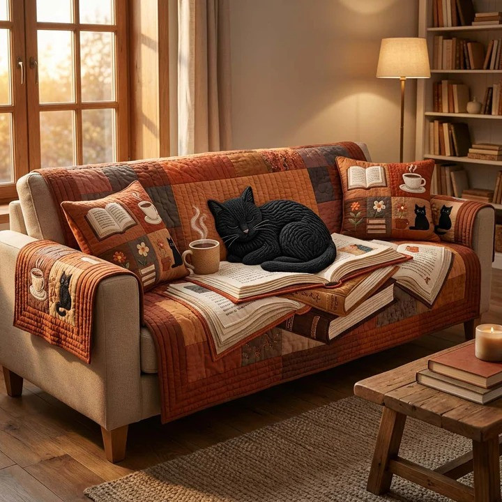 Dusk Cat Reader Quilted Sofa Cover Cat Lover Home Decor Gift For Cozy Living Room