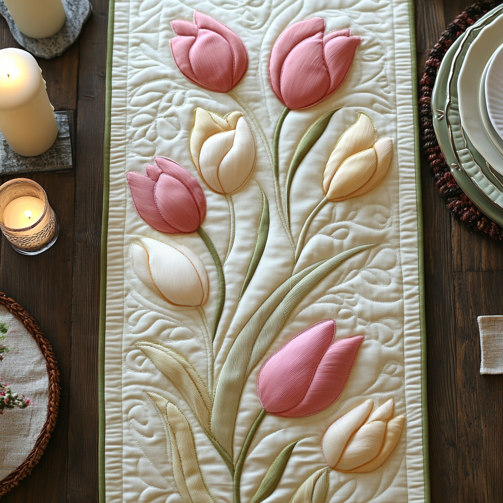 Dutch Garden Delight Quilted Table Runner Dinner Table Decor Unique Gifts For Tulip Lovers
