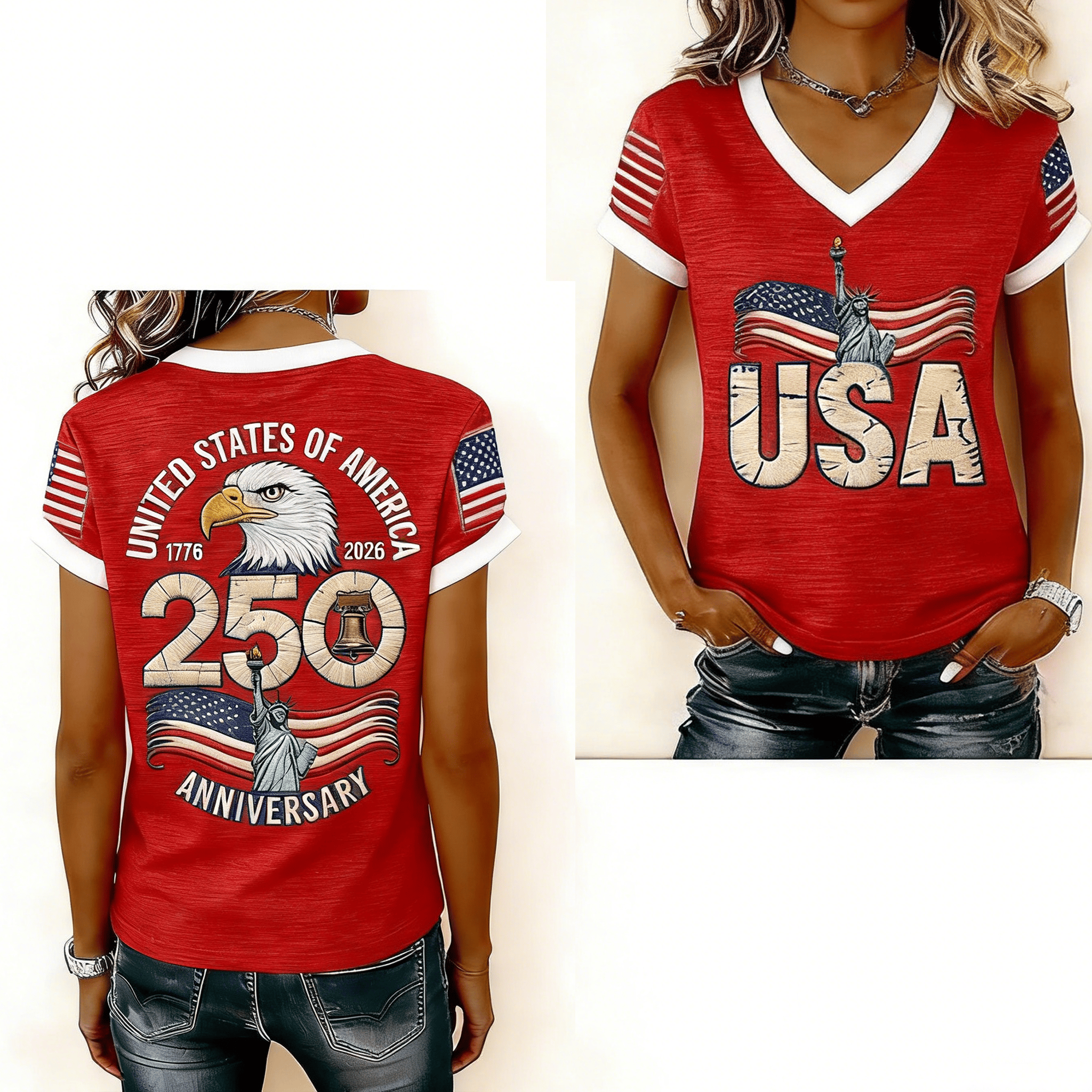 Eagle 250th Anniversary 1776 2026 V-Neck Shirt Statue Of Liberty Clothes Gift Ideas For Her